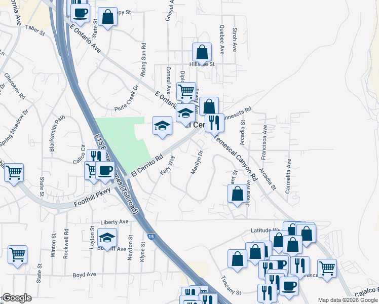 map of restaurants, bars, coffee shops, grocery stores, and more near 7245 Marilyn Drive in Corona