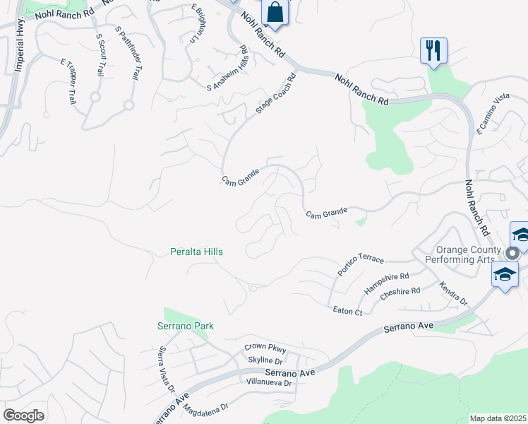 map of restaurants, bars, coffee shops, grocery stores, and more near 877 South Sapphire Lane in Anaheim