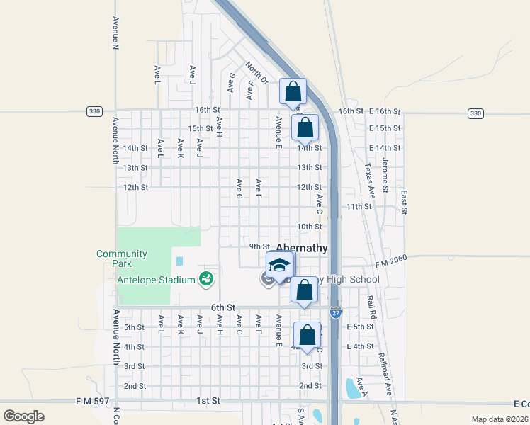 map of restaurants, bars, coffee shops, grocery stores, and more near 1012 Avenue F in Abernathy