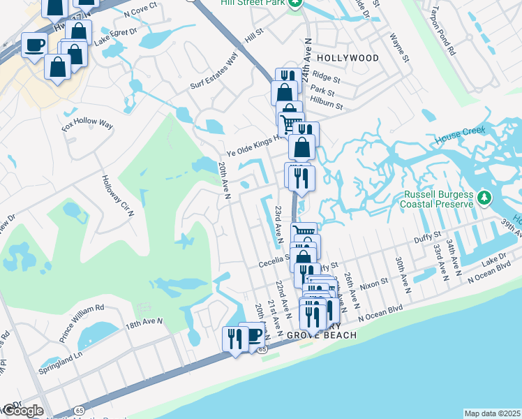 map of restaurants, bars, coffee shops, grocery stores, and more near 606 22nd Avenue North in North Myrtle Beach