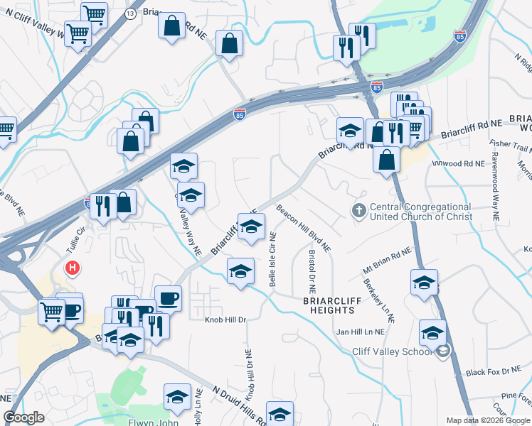 map of restaurants, bars, coffee shops, grocery stores, and more near 2873 Briarcliff Road Northeast in Atlanta