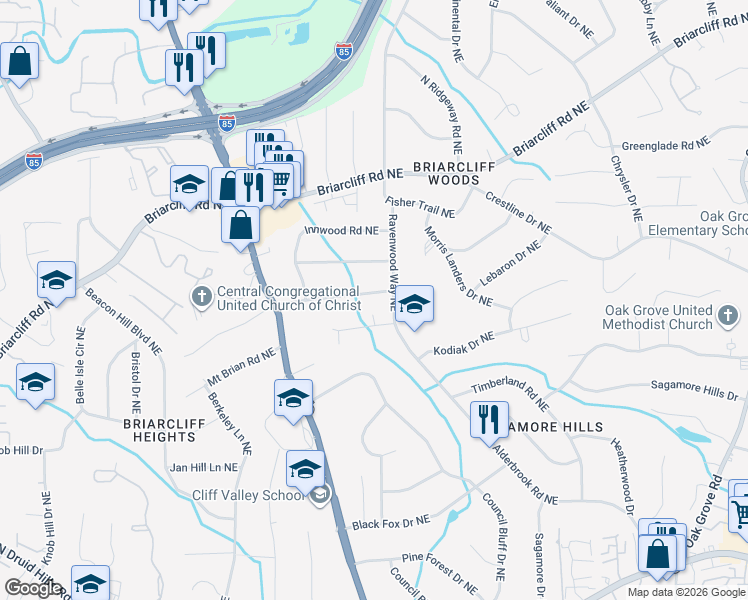 map of restaurants, bars, coffee shops, grocery stores, and more near 2031 Audubon Drive Northeast in Atlanta