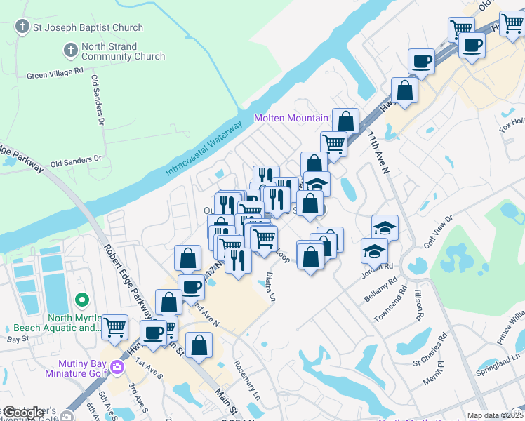 map of restaurants, bars, coffee shops, grocery stores, and more near 605 Highway 17 North in North Myrtle Beach