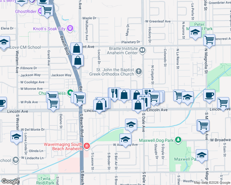 map of restaurants, bars, coffee shops, grocery stores, and more near 218 North Bel Air Street in Anaheim