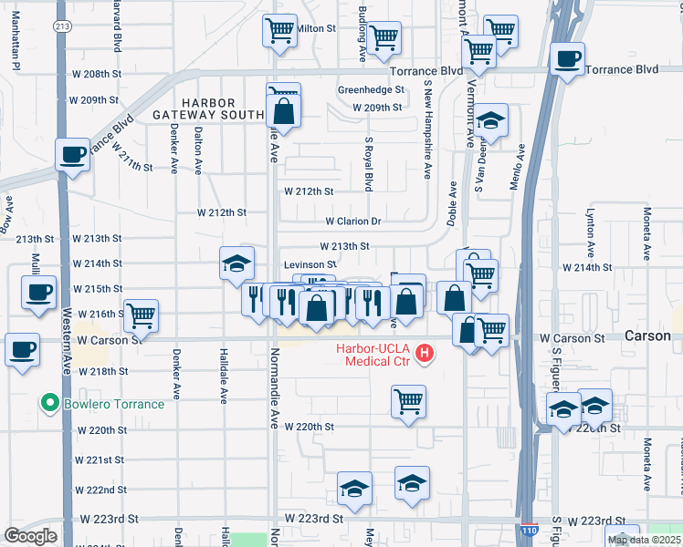 map of restaurants, bars, coffee shops, grocery stores, and more near 1127 West Desford Street in Torrance