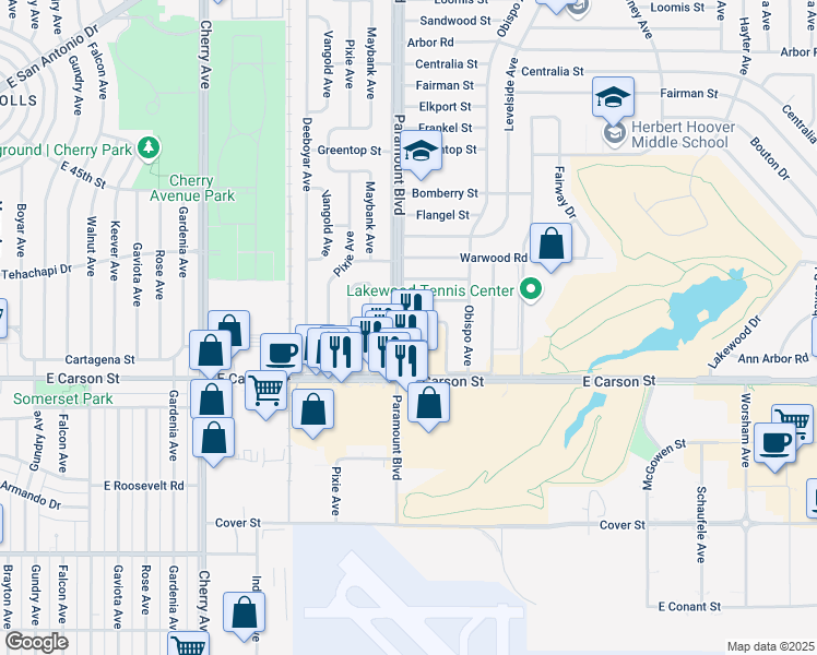 map of restaurants, bars, coffee shops, grocery stores, and more near 2708 Greenmeadow Road in Lakewood