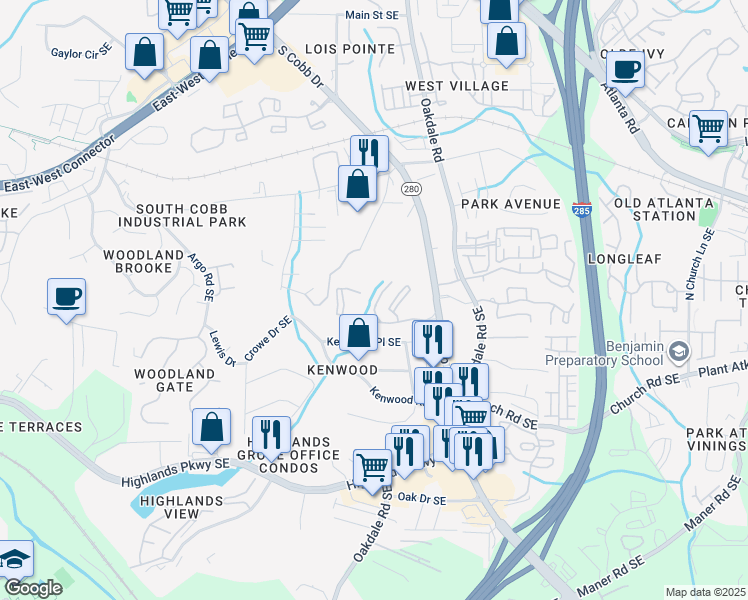 map of restaurants, bars, coffee shops, grocery stores, and more near 100 Calibre Lake Parkway Southeast in Smyrna