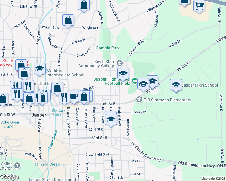 map of restaurants, bars, coffee shops, grocery stores, and more near 1705 Gamble Avenue in Jasper