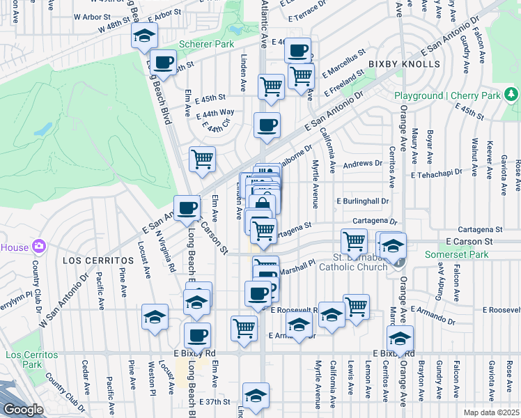 map of restaurants, bars, coffee shops, grocery stores, and more near 4278 Atlantic Avenue in Long Beach