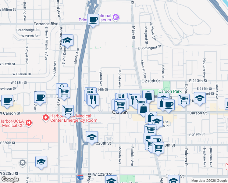 map of restaurants, bars, coffee shops, grocery stores, and more near 320 West 214th Street in Carson