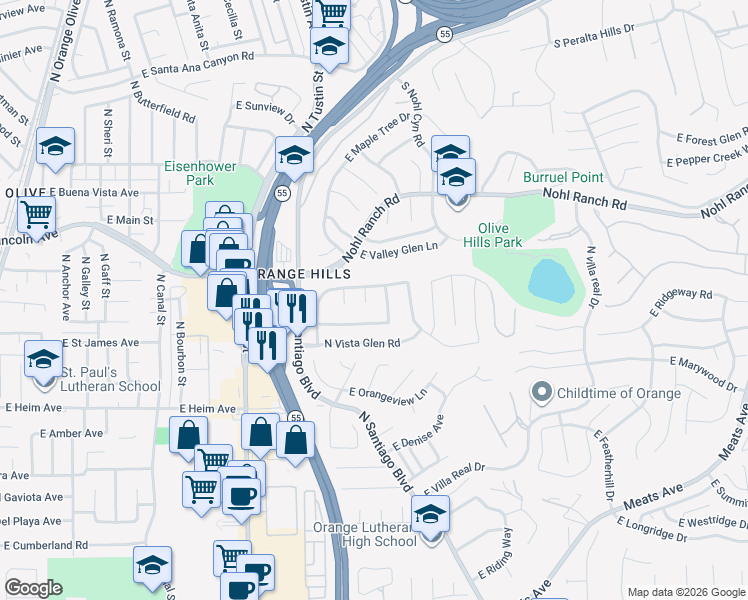 map of restaurants, bars, coffee shops, grocery stores, and more near 2717 North Vista Circle in Orange