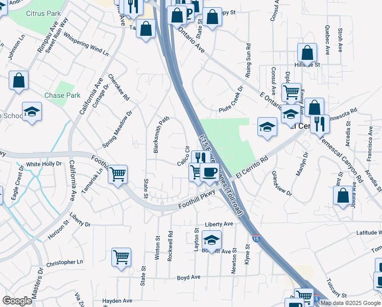 map of restaurants, bars, coffee shops, grocery stores, and more near 7263 Calico Circle in Corona