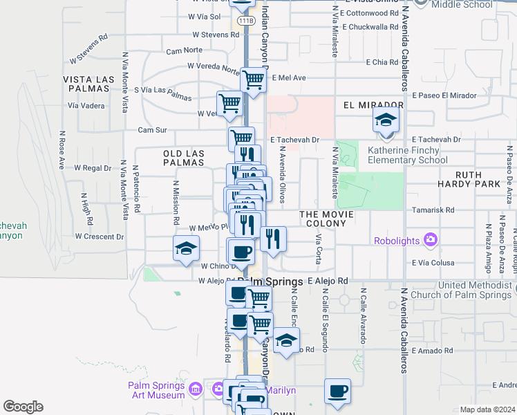 map of restaurants, bars, coffee shops, grocery stores, and more near 731 Tamarisk Road in Palm Springs