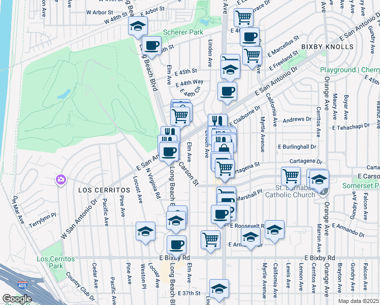 map of restaurants, bars, coffee shops, grocery stores, and more near 4151 Elm Avenue in Long Beach