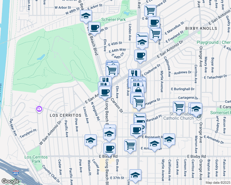 map of restaurants, bars, coffee shops, grocery stores, and more near 4151 Elm Avenue in Long Beach