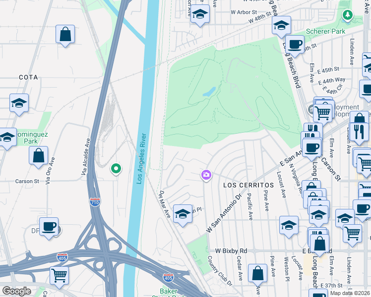map of restaurants, bars, coffee shops, grocery stores, and more near 631 West Devon Place in Long Beach