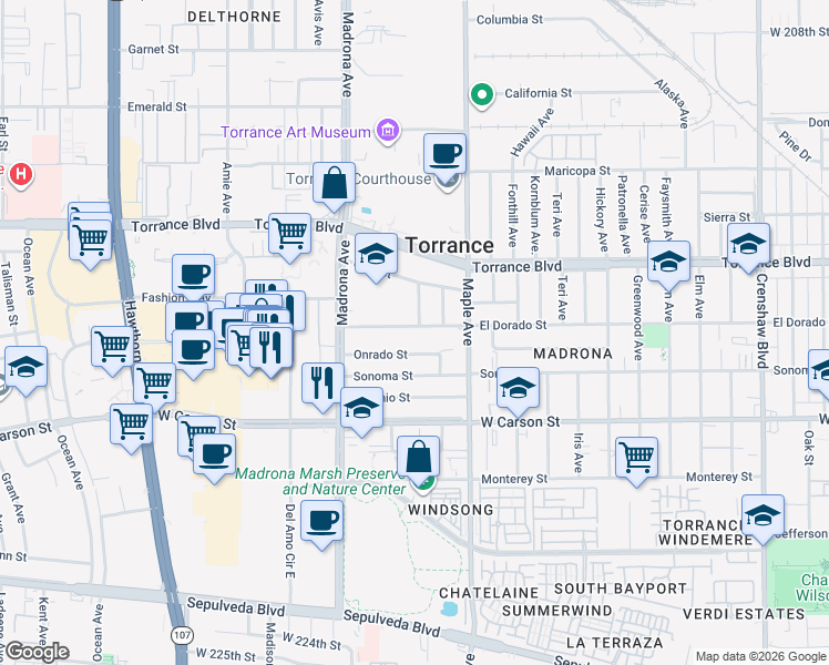 map of restaurants, bars, coffee shops, grocery stores, and more near 3222 El Dorado Street in Torrance