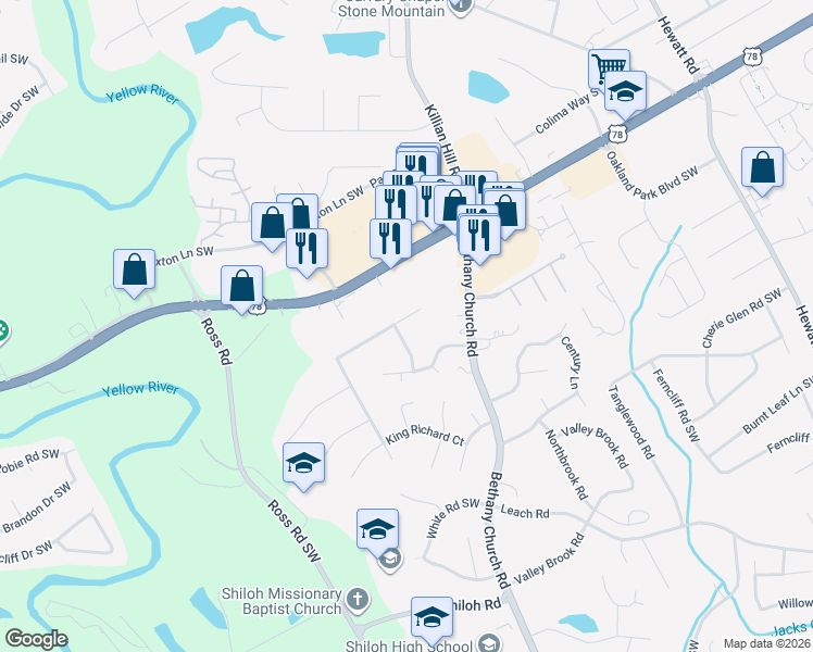 map of restaurants, bars, coffee shops, grocery stores, and more near 2252 Wellington Hills Way in Snellville