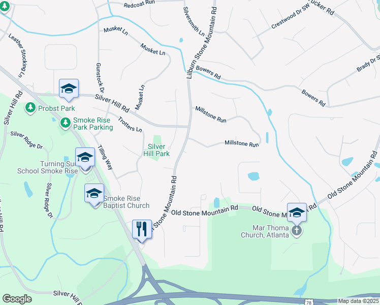 map of restaurants, bars, coffee shops, grocery stores, and more near 1803 Lilburn-Stone Mountain Road in Stone Mountain
