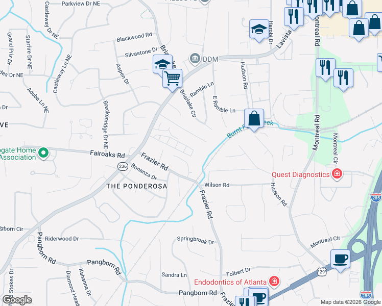 map of restaurants, bars, coffee shops, grocery stores, and more near 3467 Lavista Road in Decatur