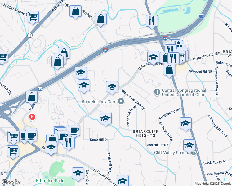 map of restaurants, bars, coffee shops, grocery stores, and more near 2873 Briarcliff Road Northeast in Atlanta