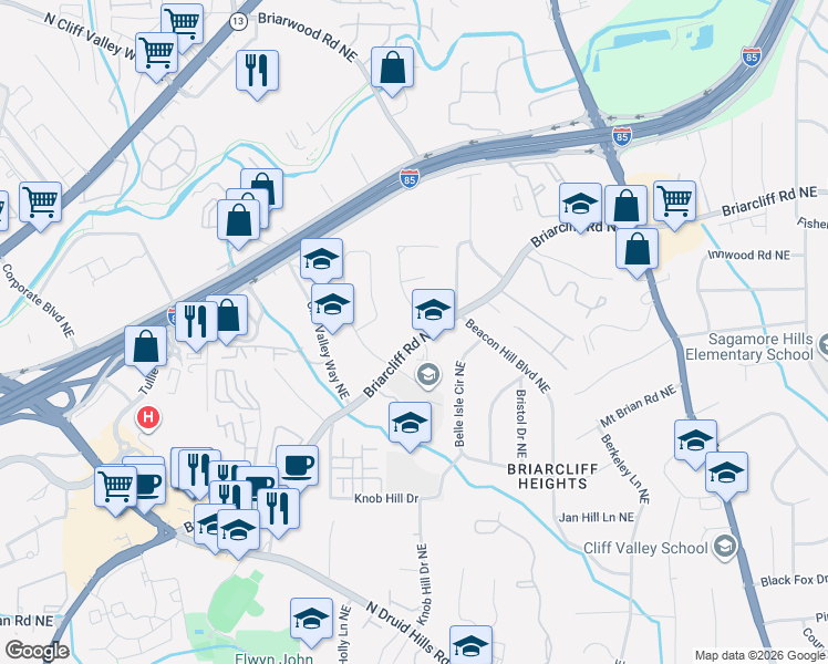 map of restaurants, bars, coffee shops, grocery stores, and more near 2826 Briarcliff Road Northeast in Atlanta