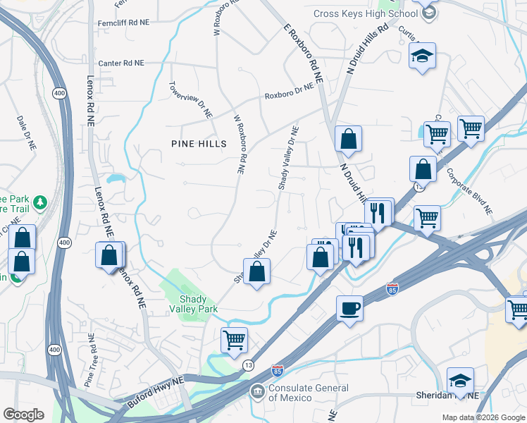 map of restaurants, bars, coffee shops, grocery stores, and more near 1008 Shady Valley Place in Atlanta