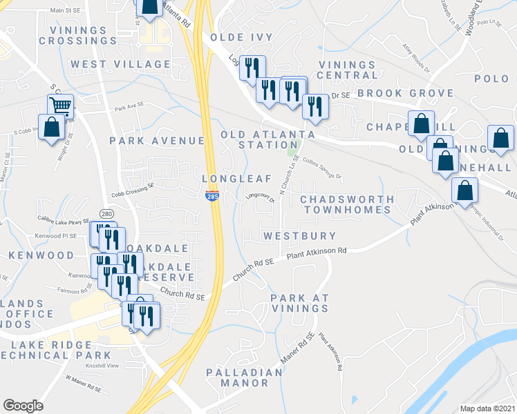 map of restaurants, bars, coffee shops, grocery stores, and more near 2502 Longcourt Circle in Smyrna