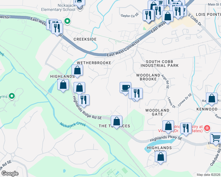 map of restaurants, bars, coffee shops, grocery stores, and more near 4890 Prince Road in Smyrna