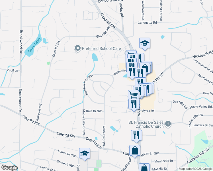 map of restaurants, bars, coffee shops, grocery stores, and more near 905 Green Valley Road Southwest in Mableton