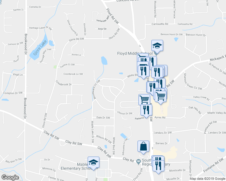 map of restaurants, bars, coffee shops, grocery stores, and more near 897 Green Valley Road Southwest in Mableton