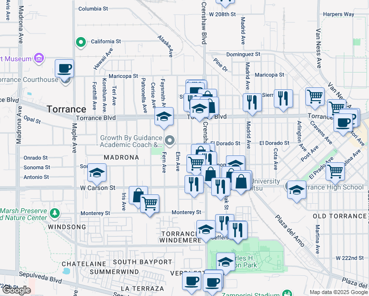 map of restaurants, bars, coffee shops, grocery stores, and more near 2564 El Dorado Street in Torrance
