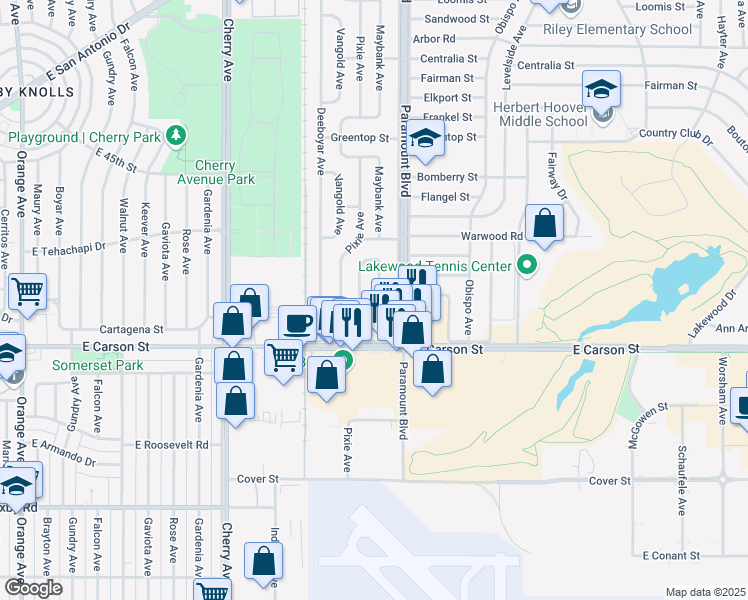 map of restaurants, bars, coffee shops, grocery stores, and more near 4203 Maybank Avenue in Lakewood