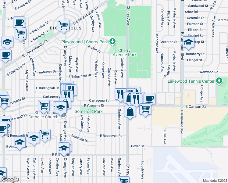 map of restaurants, bars, coffee shops, grocery stores, and more near 4155 Rose Avenue in Long Beach