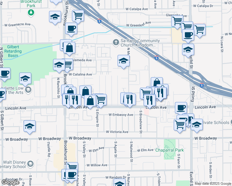map of restaurants, bars, coffee shops, grocery stores, and more near 209 North Dahlia Drive in Anaheim