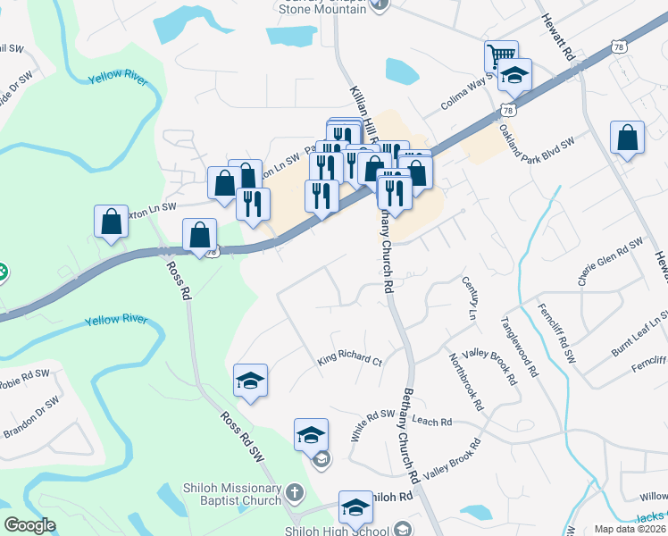 map of restaurants, bars, coffee shops, grocery stores, and more near 2252 Wellington Hills Way in Snellville