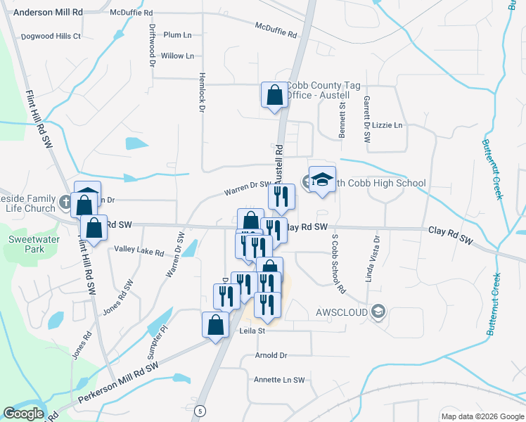 map of restaurants, bars, coffee shops, grocery stores, and more near 4930 Austell Road in Austell