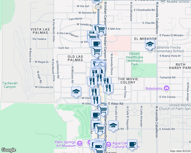 map of restaurants, bars, coffee shops, grocery stores, and more near 803 North Palm Canyon Drive in Palm Springs