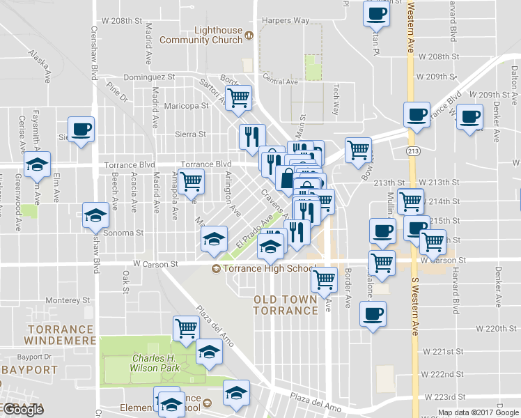 map of restaurants, bars, coffee shops, grocery stores, and more near 1424 Post Avenue in Torrance