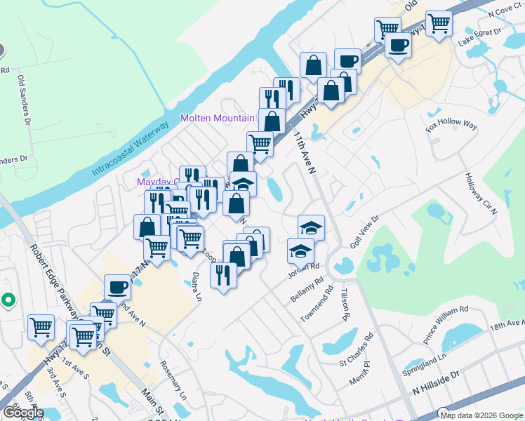 map of restaurants, bars, coffee shops, grocery stores, and more near 914 Tilghman Forest Dr in North Myrtle Beach