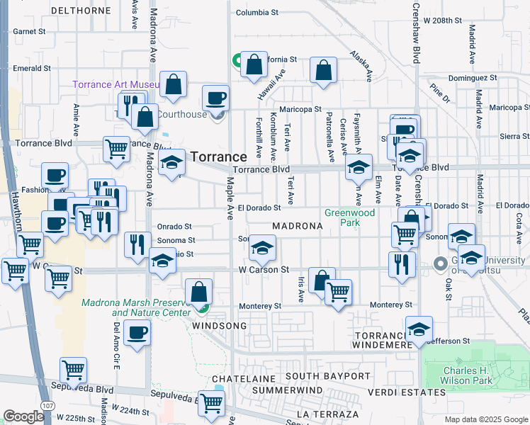 map of restaurants, bars, coffee shops, grocery stores, and more near 2856 El Dorado Street in Torrance
