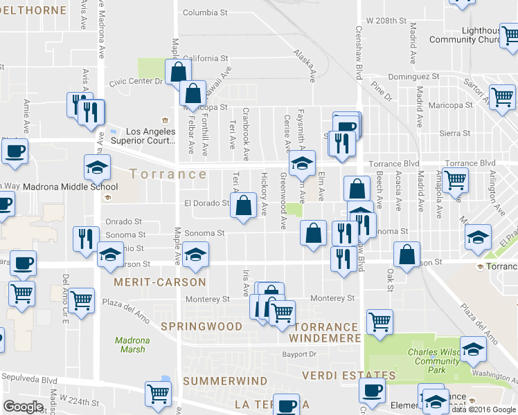 map of restaurants, bars, coffee shops, grocery stores, and more near 2756 El Dorado Street in Torrance