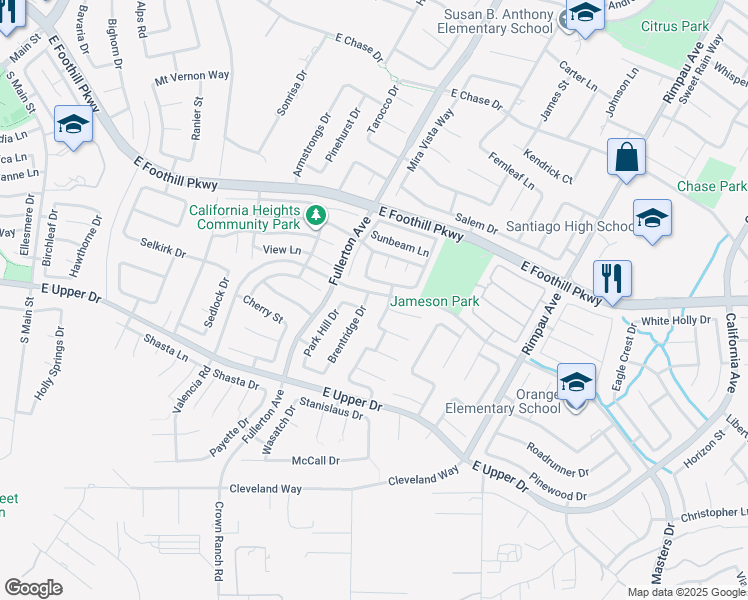 map of restaurants, bars, coffee shops, grocery stores, and more near 3511 Brentridge Drive in Corona
