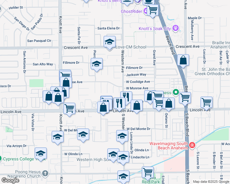 map of restaurants, bars, coffee shops, grocery stores, and more near 8868 Garfield Circle in Buena Park