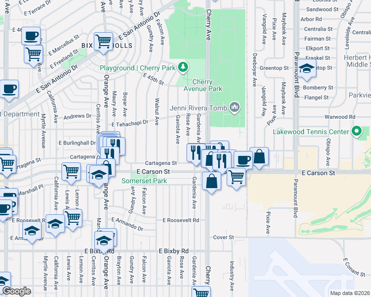 map of restaurants, bars, coffee shops, grocery stores, and more near 4155 Rose Avenue in Long Beach