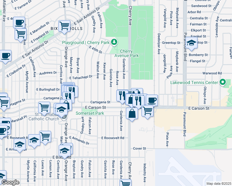 map of restaurants, bars, coffee shops, grocery stores, and more near 4155 Rose Avenue in Long Beach