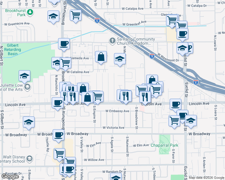 map of restaurants, bars, coffee shops, grocery stores, and more near 209 North Dahlia Drive in Anaheim