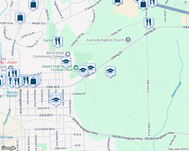 map of restaurants, bars, coffee shops, grocery stores, and more near 1301 Viking Drive in Jasper