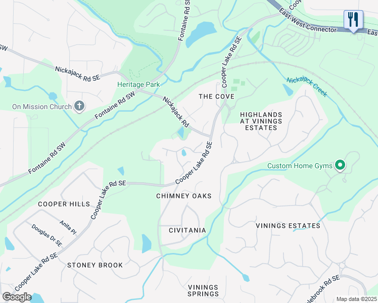 map of restaurants, bars, coffee shops, grocery stores, and more near 589 Lakeview Terrace Southeast in Mableton
