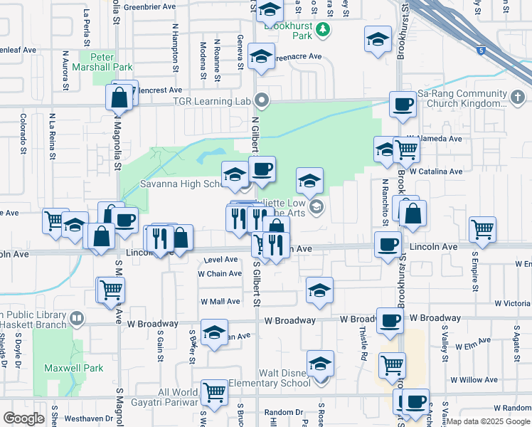 map of restaurants, bars, coffee shops, grocery stores, and more near 200 North Gilbert Street in Anaheim